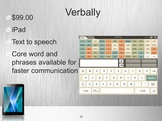 $99.00
                 Verbally
iPad
Text to speech
Core word and
phrases available for
faster communication




                        35
 