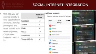 SOCIAL INTERNET INTEGRATION 
‣ With iOS, you can 
connect directly to 
your social network 
accounts, allowing 
you to post and 
share content from 
nearly anywhere. 
iOS provides 
integrated support 
for: 
 
