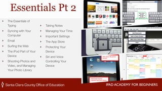 IPAD ACADEMY FOR BEGINNERS 
Essentials Pt 2 
‣ Taking Notes 
‣ Managing Your Time 
‣ Important Settings 
‣ The App Store 
‣ Protecting Your 
Device 
‣ Siri and Voice 
Controlling Your 
Device 
‣ The Essentials of 
Typing 
‣ Syncing with Your 
Computer 
‣ Email 
‣ Surfing the Web 
‣ The iPod Part of Your 
Device 
‣ Shooting Photos and 
Video, and Managing 
Your Photo Library 
 