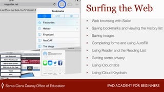 Surfing the Web 
‣ Web browsing with Safari 
‣ Saving bookmarks and viewing the History list 
‣ Saving images 
‣ Completing forms and using AutoFill 
‣ Using Reader and the Reading List 
‣ Getting some privacy 
‣ Using iCloud tabs 
‣ Using iCloud Keychain 
IPAD ACADEMY FOR BEGINNERS 
 