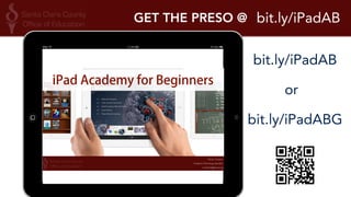 Day 1 Day 2 Day 3 
Communication & Collaboration Curation & Creation Tools 
Tools 
Getting to Know Your iPad & 
Productivity Tools 
IPAD ACADEMY AGENDA 
Join us as we hosts iPad Academy for the Beginner! Integrating iPads into your curriculum is easier than ever - it's just about 
knowing where to start and how to find the good stuff! In our sessions, we will start with the basics, then move on to how it 
can improve your productivity and effectively improve student learning. Each session will focus on one particular area. You'll 
be shown how to use the apps in practical ways at a pace that is right for you! You can feel comfortable knowing that when 
you walk away from this academy, you will be armed with a toolbox of resources and skills to help foster creativity and 
increase student learning. Look forward to an Advanced iPad Academy in Spring 2015! 
 