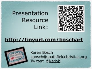 Presentation
Resource
Link:
Karen Bosch
kbosch@southfieldchristian.org
Twitter: @karlyb
http://tinyurl.com/boschart
 