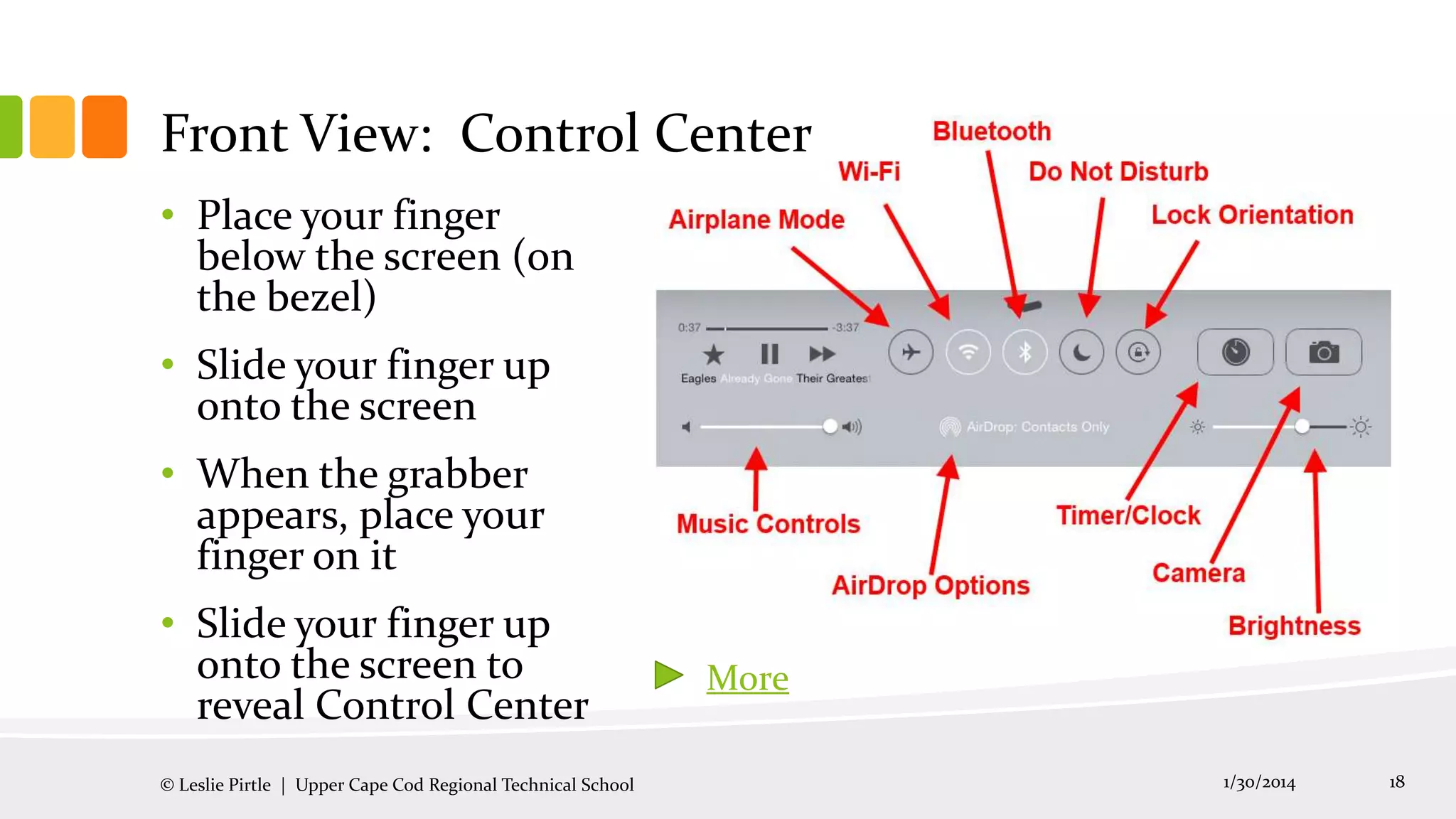 Front View: Control Center
• Place your finger
below the screen (on
the bezel)
• Slide your finger up
onto the screen
• When the grabber
appears, place your
finger on it
• Slide your finger up
onto the screen to
reveal Control Center
© Leslie Pirtle | Upper Cape Cod Regional Technical School

More
1/30/2014

18

 