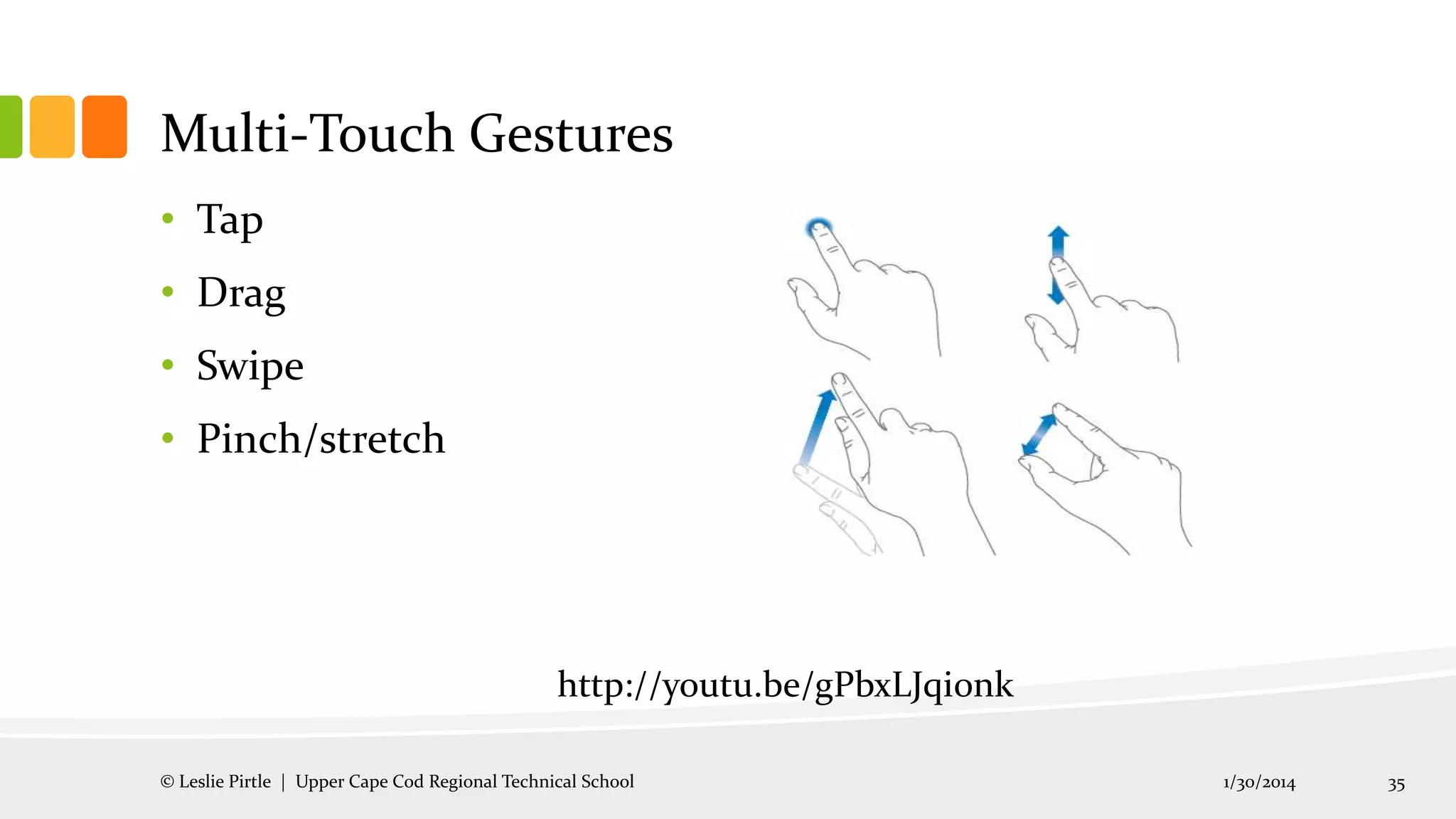 Multi-Touch Gestures
• Tap
• Drag
• Swipe
• Pinch/stretch

http://youtu.be/gPbxLJqi0nk
© Leslie Pirtle | Upper Cape Cod Regional Technical School

1/30/2014

35

 