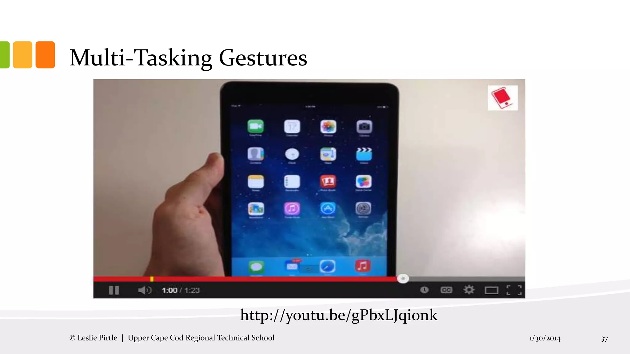 Multi-Tasking Gestures

http://youtu.be/gPbxLJqi0nk
© Leslie Pirtle | Upper Cape Cod Regional Technical School

1/30/2014

37

 