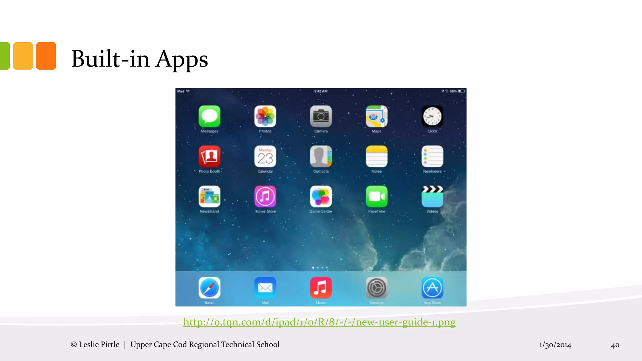Built-in Apps

http://0.tqn.com/d/ipad/1/0/R/8/-/-/new-user-guide-1.png
© Leslie Pirtle | Upper Cape Cod Regional Technical School

1/30/2014

40

 