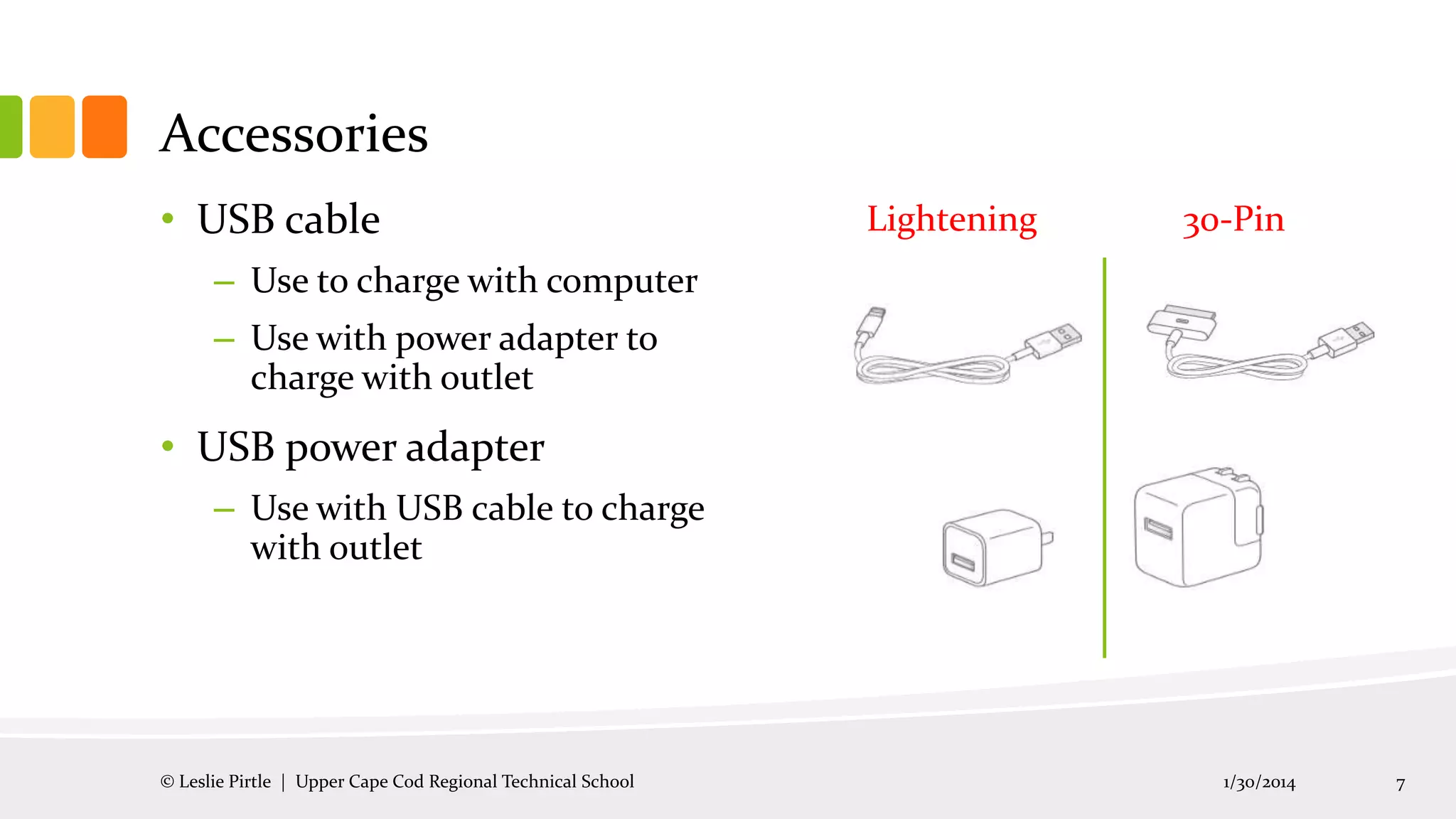 Accessories
• USB cable

Lightening

30-Pin

– Use to charge with computer
– Use with power adapter to
charge with outlet

• USB power adapter
– Use with USB cable to charge
with outlet

© Leslie Pirtle | Upper Cape Cod Regional Technical School

1/30/2014

7

 
