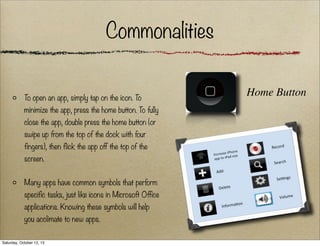 Commonalities
To open an app, simply tap on the icon. To
minimize the app, press the home button. To fully
close the app, double press the home button (or
swipe up from the top of the dock with four
fingers), then flick the app off the top of the
screen.
Many apps have common symbols that perform
specific tasks, just like icons in Microsoft Office
applications. Knowing these symbols will help
you acclimate to new apps.
Saturday, October 12, 13

Home Button

 