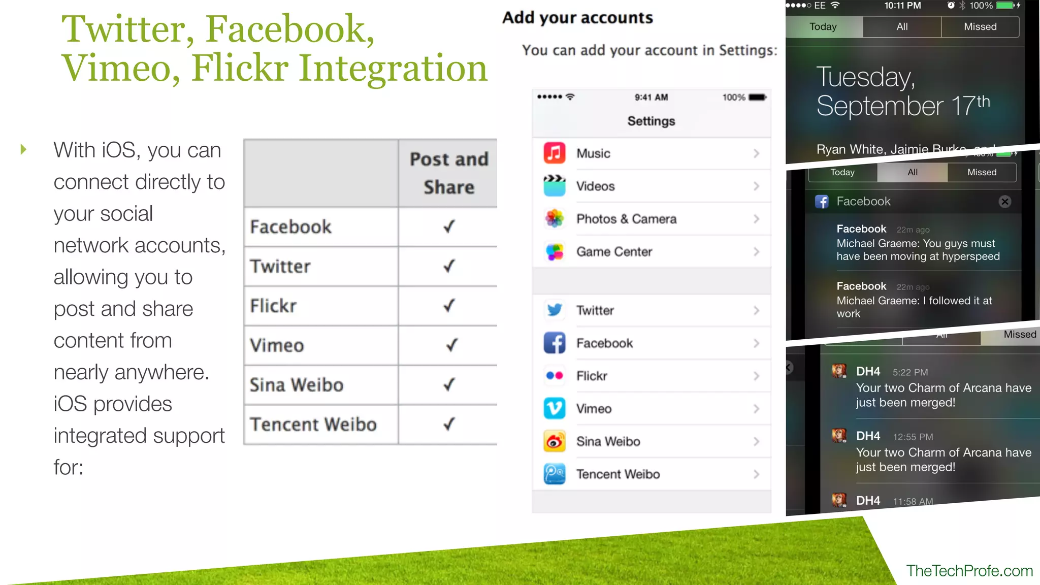TheTechProfe.com
Twitter, Facebook,
Vimeo, Flickr Integration
‣ With iOS, you can
connect directly to
your social
network accounts,
allowing you to
post and share
content from
nearly anywhere.
iOS provides
integrated support
for:
 