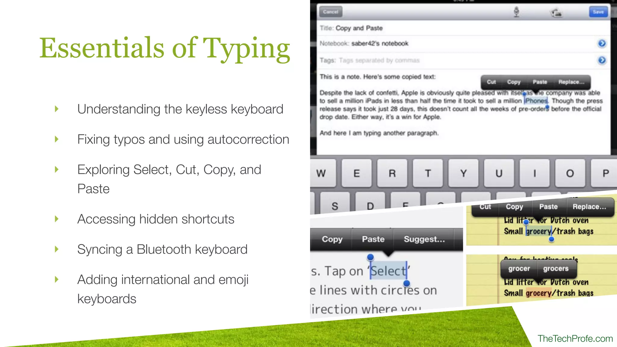 TheTechProfe.com
Essentials of Typing
‣ Understanding the keyless keyboard
‣ Fixing typos and using autocorrection
‣ Exploring Select, Cut, Copy, and
Paste
‣ Accessing hidden shortcuts
‣ Syncing a Bluetooth keyboard
‣ Adding international and emoji
keyboards
 