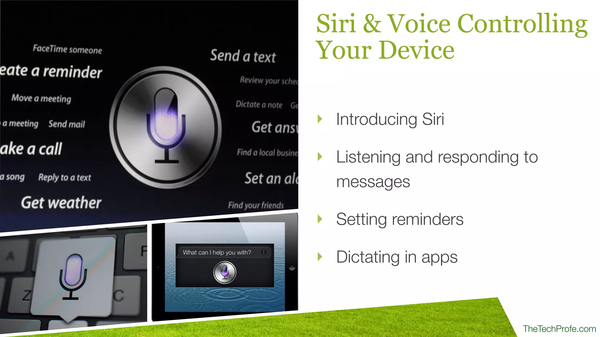 TheTechProfe.com
Siri & Voice Controlling
Your Device
‣ Introducing Siri
‣ Listening and responding to
messages
‣ Setting reminders
‣ Dictating in apps
 