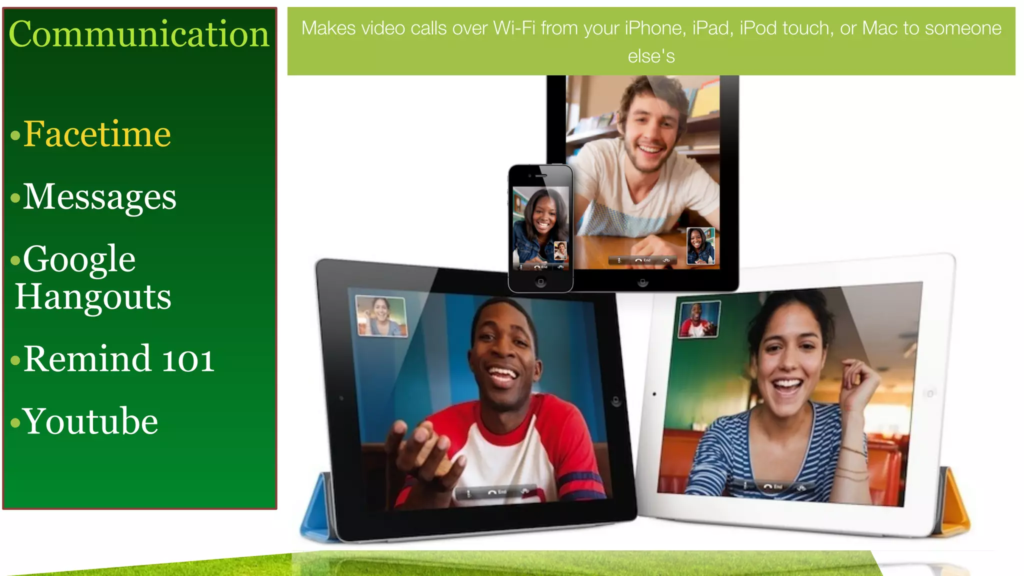 Communication
!
•Facetime
•Messages
•Google
Hangouts
•Remind 101
•Youtube
Makes video calls over Wi-Fi from your iPhone, iPad, iPod touch, or Mac to someone
else's
 
