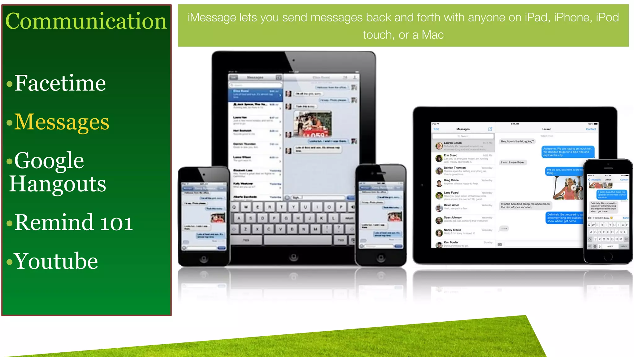 Communication
!
• Mail
• Contacts
• Facetime
• Messages
• Google
Hangouts
• Remind 101
• Edmodo
Communication
!
•Facetime
•Messages
•Google
Hangouts
•Remind 101
•Youtube
iMessage lets you send messages back and forth with anyone on iPad, iPhone, iPod
touch, or a Mac
 