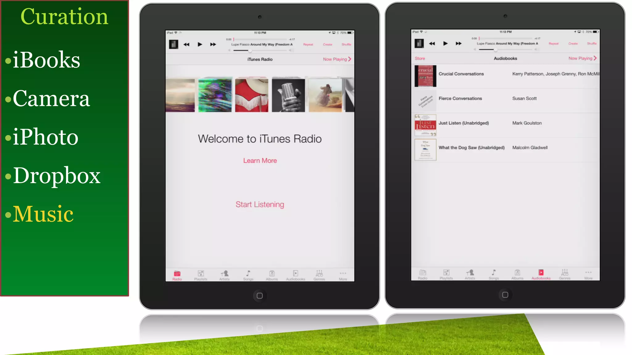 Curation
!
•iBooks
•Camera
•iPhoto
•Dropbox
•Music
 