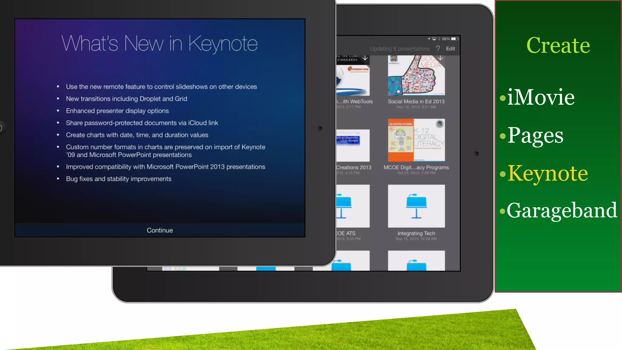 !
Create
!
•iMovie
•Pages
•Keynote
•Garageband
 