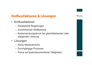 Einﬂussfaktoren & Lösungen
•  Einflussfaktoren
   –  Gesetzliche Regelungen
   –  Zunehmender Wettbewerb
   –  Kostensenkungsdruck bei gleichbleibender oder
      steigender Leistung
•  Lösungen
   –  Keine Medienbrüche
   –  Durchgängige Prozesse
   –  Fokus auf patientenorientierte Tätigkeiten
 