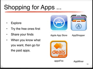Shopping for Apps ...

•   Explore
•   Try the free ones ﬁrst
•   Share your ﬁnds          Apple App Store   AppShopper

•   When you know what
    you want, then go for
    the paid apps.


                                appsFire        AppMiner
                                                            19
 