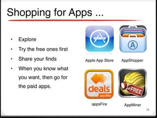 Shopping for Apps ...

•   Explore
•   Try the free ones ﬁrst
•   Share your ﬁnds          Apple App Store   AppShopper

•   When you know what
    you want, then go for
    the paid apps.


                                appsFire        AppMiner
                                                            19
 