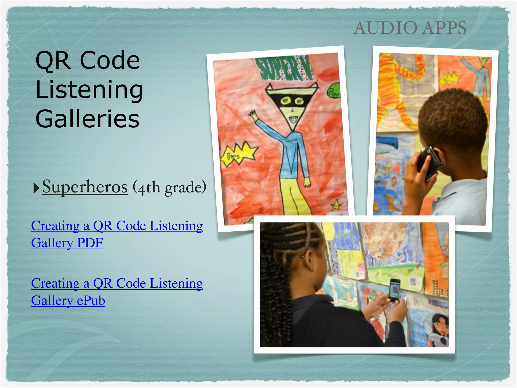 IMAGE NARRATION

Audioboo

(free)

‣Easy way to publish audio ﬁles
directly to the web, ﬁles can be
embedded on a blog

‣Free account!
‣Record ﬁles up to 5 minutes long
Record students
talking about what
they learned - top ten list
style!

 