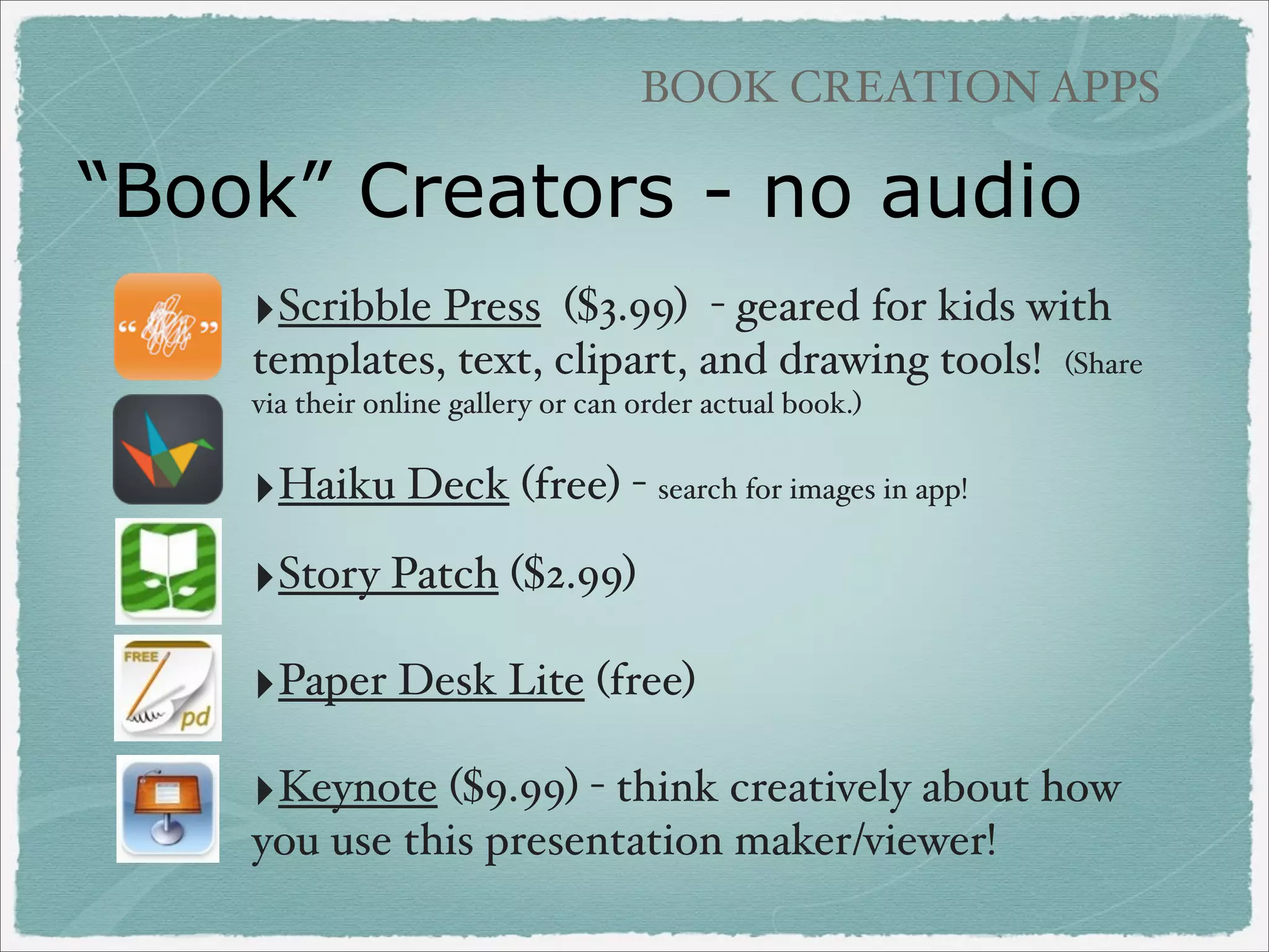 IMAGE NARRATION

Audioboo in iTunes!
‣Click iTunes - will open
ﬁles as a podcast in
iTunes!

‣Can download the ﬁles
for other uses!

 