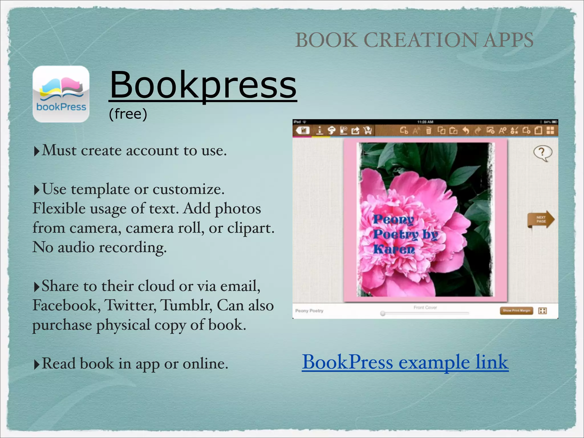 Aurasma

VIDEO APPS

‣Augmented reality
‣Attach video to an image

prompt (similar to QR codes)

‣Directions, reviews,
explanations

‣Open House activities

 