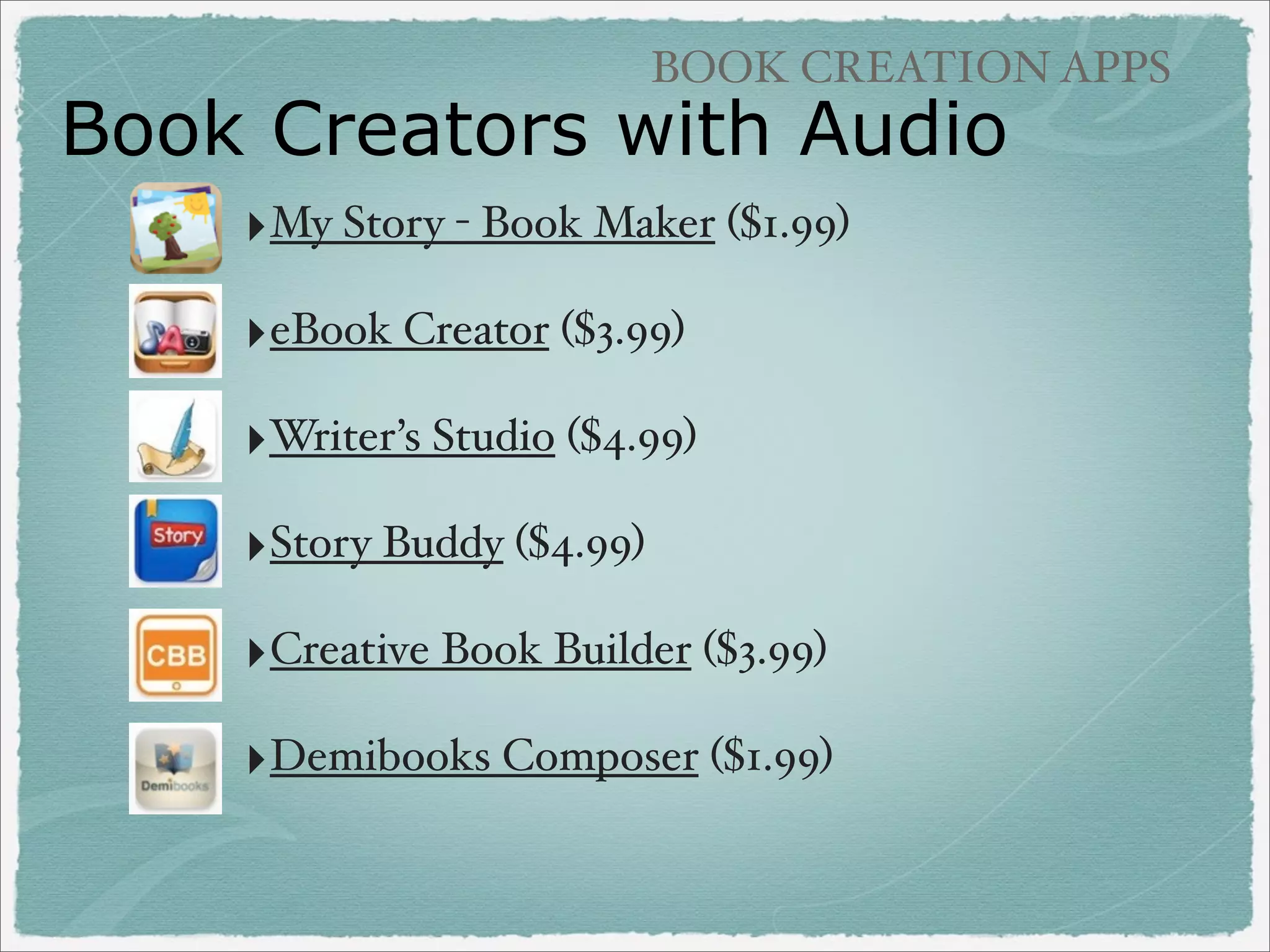 IMAGE NARRATION

Narrated Slideshows
Sonic Pics
Pixntell

($2.99)

(free/$1.99 for EDU version)

30 Hands

(free) Lets you redo audio recordings!

Explain Everything

($2.99)

 