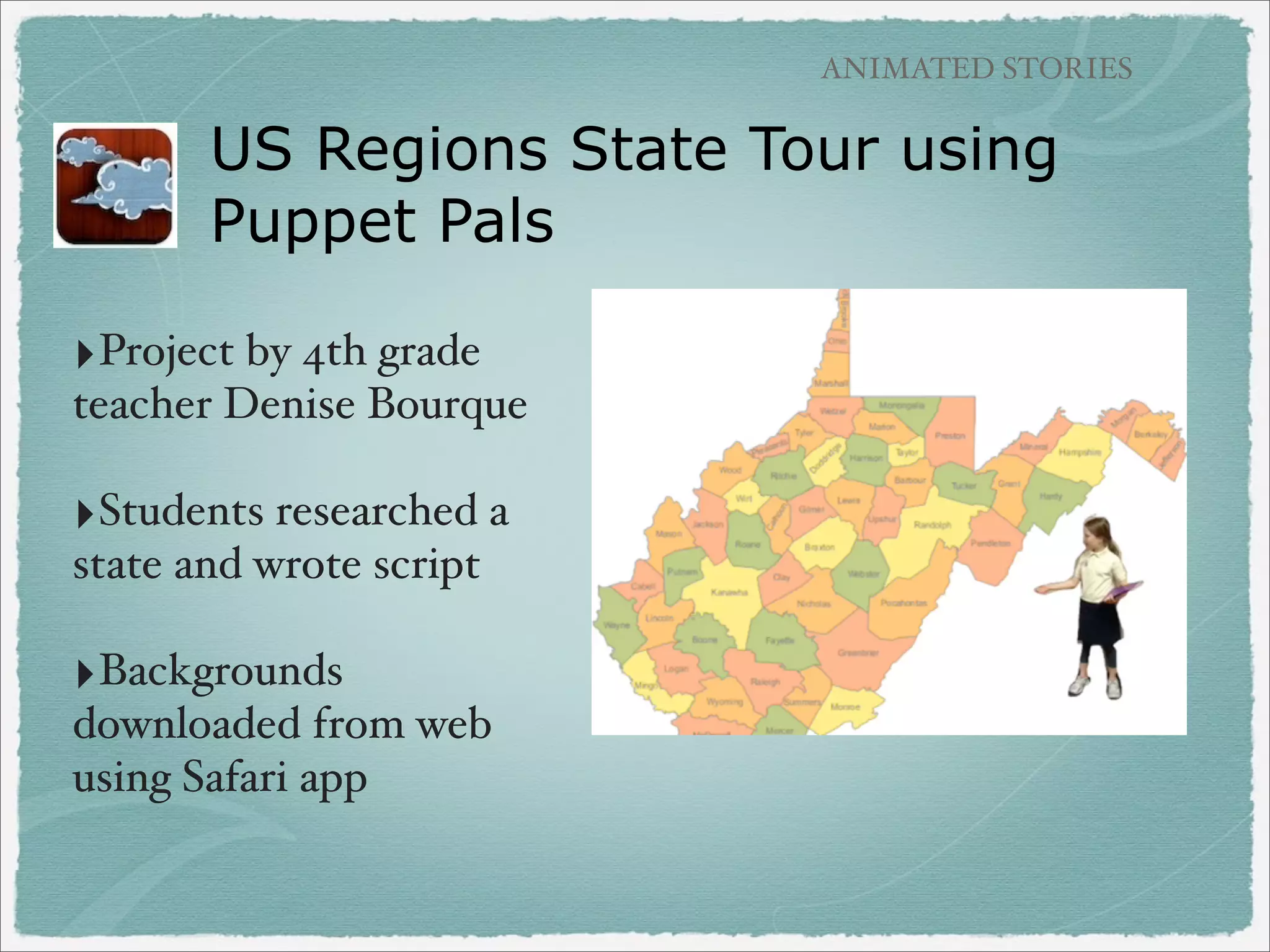 BOOK CREATION APPS

SPOKEnPHOTO (free)
‣Create free account
‣Add photos, record
audio for each image
(no text)

‣Saves to account,
view online or in app

‣Example: Snowmen
All Year

Use projects that
you already do, turn into a book!

 