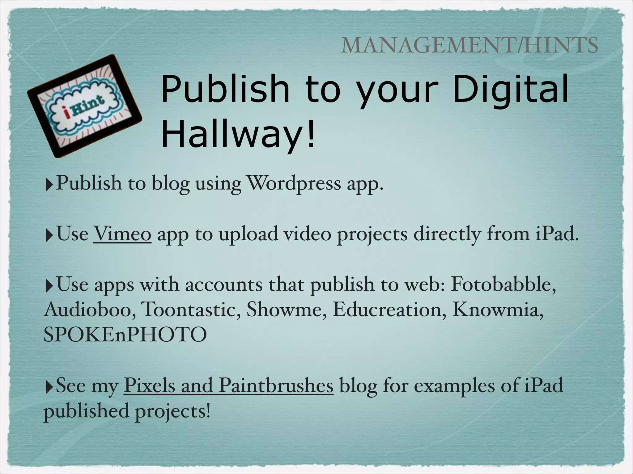 ANIMATED STORIES

Toontastic
Tour of Zambia:
‣incorporates social
studies research

‣ student drawn
characters and objects

‣by 6th grader Khari

(Free/$12.99 All Access Pass)

 