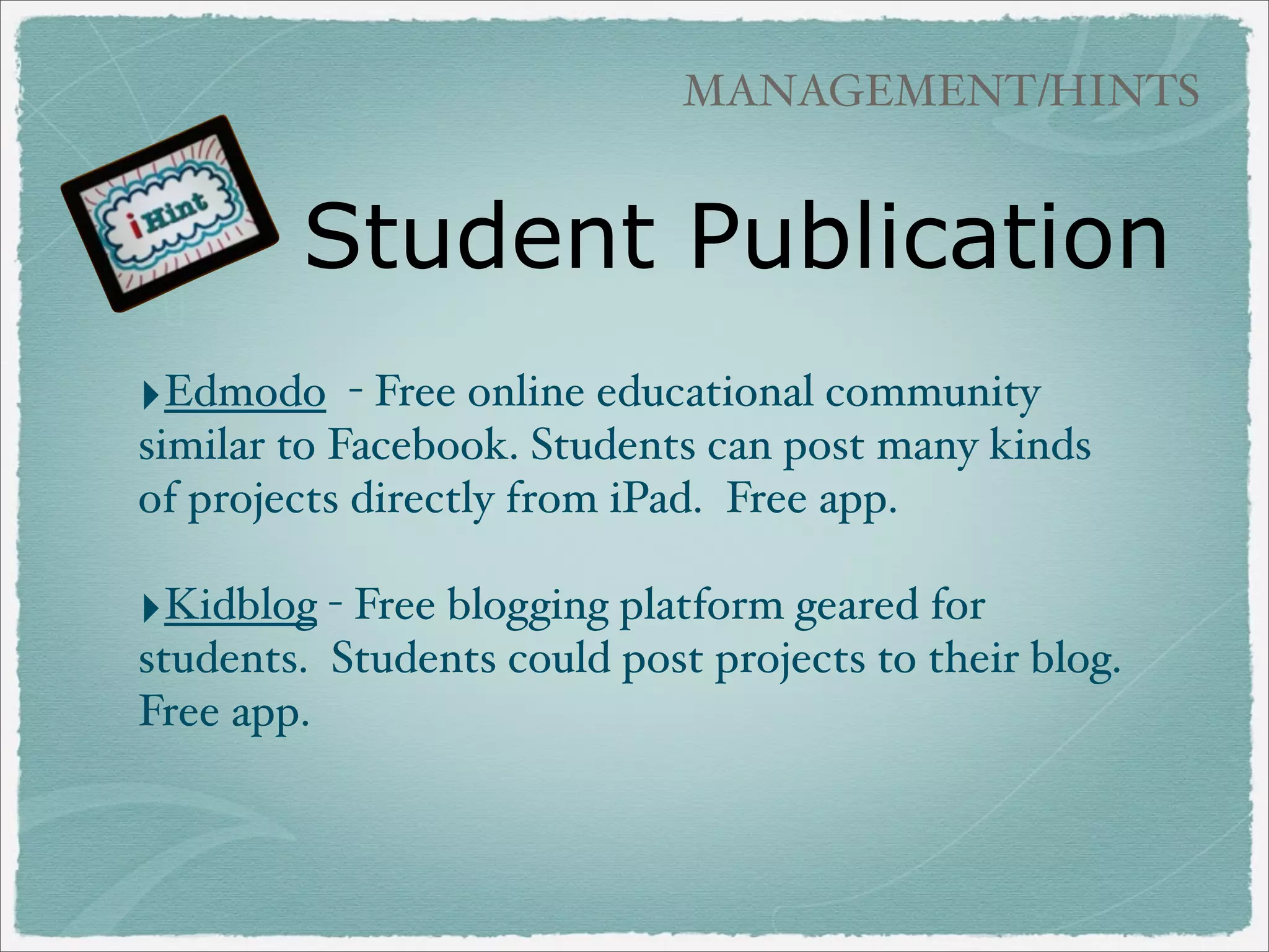 ANIMATED STORIES

Sock Puppets
‣Talking Socks! Crazy
voices!

‣Second grade teachers
Mark Steer and Ruth
Benneﬁeld use to review
math facts and
vocabulary words.

(Free/$3.99)

 