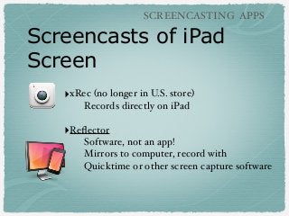 SCREENCASTING APPS

Screencasts of iPad
Screen
‣xRec (no longer in U.S. store)
Records directly on iPad

‣Reﬂector
Software, not an app!
Mirrors to computer, record with
Quicktime or other screen capture software

 