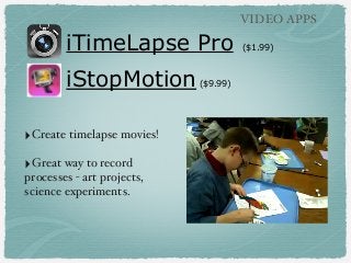 VIDEO APPS

iTimeLapse Pro
iStopMotion
‣Create timelapse movies!
‣Great way to record
processes - art projects,
science experiments.

($9.99)

($1.99)

 
