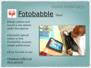 MANAGEMENT/HINTS

How to Print or
Transfer Projects
‣Save projects as photo/video to camera roll.
‣Email projects.
‣Use cord to sync photos/video to computer.
‣Turn on Photostream, photos/video go directly to
iPhoto.

‣Printing via wiﬁ from iPad photo roll prints 4 x 6
size.

 