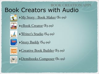 IMAGE NARRATION

Narrated Slideshows
Sonic Pics
Pixntell

($2.99)

(free/$1.99 for EDU version)

30 Hands

(free) Lets you redo audio recordings!

Explain Everything

($2.99)

 