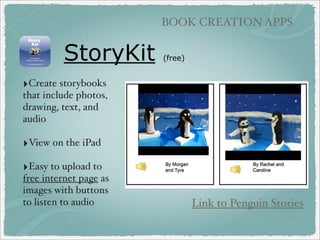 IMAGE NARRATION

If I Were President
‣

Use what you
already are doing!

‣Art work created in
computer lab with
KidPix Software

‣Saved as jpg into
folder, transferred to
iPad (could take photos)

‣Recorded audio in
Sonic Pics

 