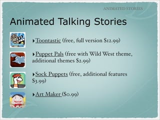 BOOK CREATION APPS

Haiku Deck (free)
‣Haiku Deck - presentation
maker

‣Search for images in app!
‣Beautiful text
‣Save online
‣Export as a Powerpoint/
Keynote ﬁle, can import into
other apps

‣Link to Jerboas Example

 