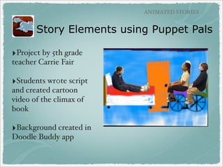 BOOK CREATION APPS

StoryKit
‣Create storybooks
that include photos,
drawing, text, and
audio

‣View on the iPad
‣Easy to upload to
free internet page as
images with buttons
to listen to audio

(free)

 