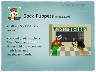 TALKING CHARACTERS

FaceJack
‣Upload a picture and record
audio to create a talking face!

‣Uses: biographies,
autobiographies, personal
narratives, book characters,
creative writing

‣Currently not in iTunes,

other options: Face Talk or
iFunFace

($1.99)

 