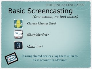 SCREENCASTING APPS

Basic Screencasting

(One screen, no text boxes)

‣Screen Chomp (free)
‣Show Me (free)
‣Ask3 (free)
If using shared devices, log them all in to
class account in advance!

 