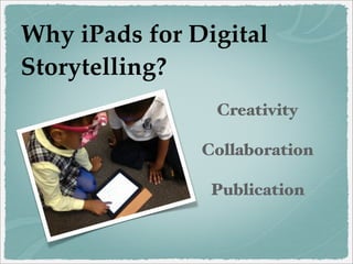 Why iPads for Digital Storytelling?
ALL IN ONE SOLUTION!

Audio
Drawing
Photography
Video
Internet/Research
Text

 