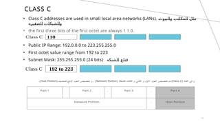 CLASS C
• Class C addresses are used in small local area networks (LANs). ‫والبيوت‬ ‫المكاتب‬ ‫مثل‬
‫الصغيره‬ ‫والشبكات‬
• the first three bits of the first octet are always 1 1 0.
• Public IP Range: 192.0.0.0 to 223.255.255.0
• First octet value range from 192 to 223
• Subnet Mask: 255.255.255.0 (24 bits) ‫الشبكه‬ ‫قناع‬
13
 