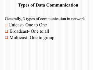 Types of Data Communication
Generally, 3 types of communication in network
 Unicast- One to One
 Broadcast- One to all
 Multicast- One to group.
 