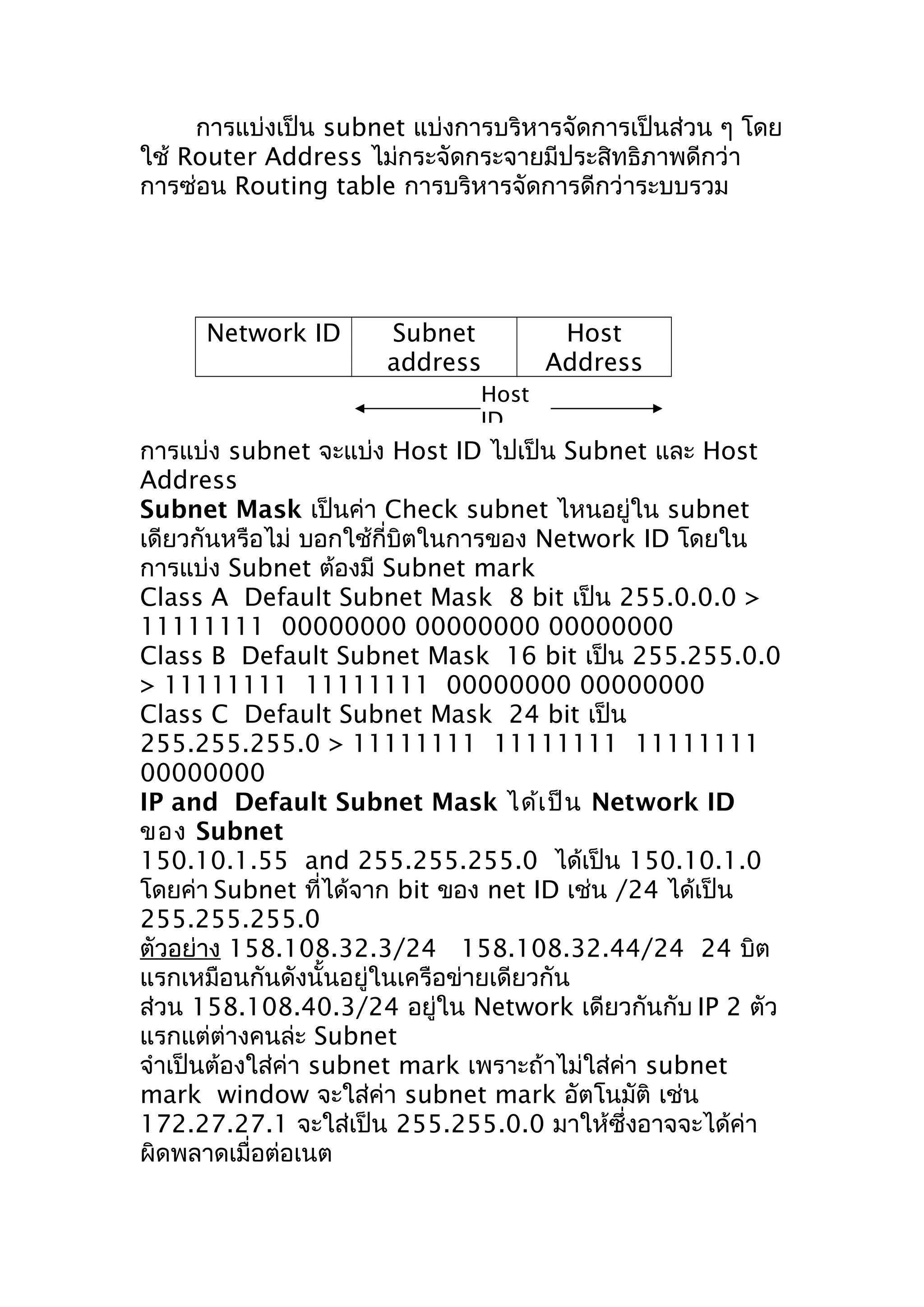 การแบ่งเป็น subnet แบ่งการบริหารจัดการเป็นส่วน ๆ โดย
ใช้ Router Address ไม่กระจัดกระจายมีประสิทธิภาพดีกว่า
การซ่อน Routing table การบริหารจัดการดีกว่าระบบรวม




     Network ID      Subnet           Host
                     address         Address
                              Host
                              ID
การแบ่ง subnet จะแบ่ง Host ID ไปเป็น Subnet และ Host
Address
Subnet Mask เป็นค่า Check subnet ไหนอยู่ใน subnet
เดียวกันหรือไม่ บอกใช้กี่บิตในการของ Network ID โดยใน
การแบ่ง Subnet ต้องมี Subnet mark
Class A Default Subnet Mask 8 bit เป็น 255.0.0.0 >
11111111 00000000 00000000 00000000
Class B Default Subnet Mask 16 bit เป็น 255.255.0.0
> 11111111 11111111 00000000 00000000
Class C Default Subnet Mask 24 bit เป็น
255.255.255.0 > 11111111 11111111 11111111
00000000
IP and Default Subnet Mask ได้เ ป็น Network ID
ของ Subnet
150.10.1.55 and 255.255.255.0 ได้เป็น 150.10.1.0
โดยค่า Subnet ที่ได้จาก bit ของ net ID เช่น /24 ได้เป็น
255.255.255.0
ตัวอย่าง 158.108.32.3/24 158.108.32.44/24 24 บิต
แรกเหมือนกันดังนั้นอยู่ในเครือข่ายเดียวกัน
ส่วน 158.108.40.3/24 อยู่ใน Network เดียวกันกับ IP 2 ตัว
แรกแต่ต่างคนล่ะ Subnet
จำาเป็นต้องใส่ค่า subnet mark เพราะถ้าไม่ใส่ค่า subnet
mark window จะใส่ค่า subnet mark อัตโนมัติ เช่น
172.27.27.1 จะใส่เป็น 255.255.0.0 มาให้ซึ่งอาจจะได้ค่า
ผิดพลาดเมื่อต่อเนต
 