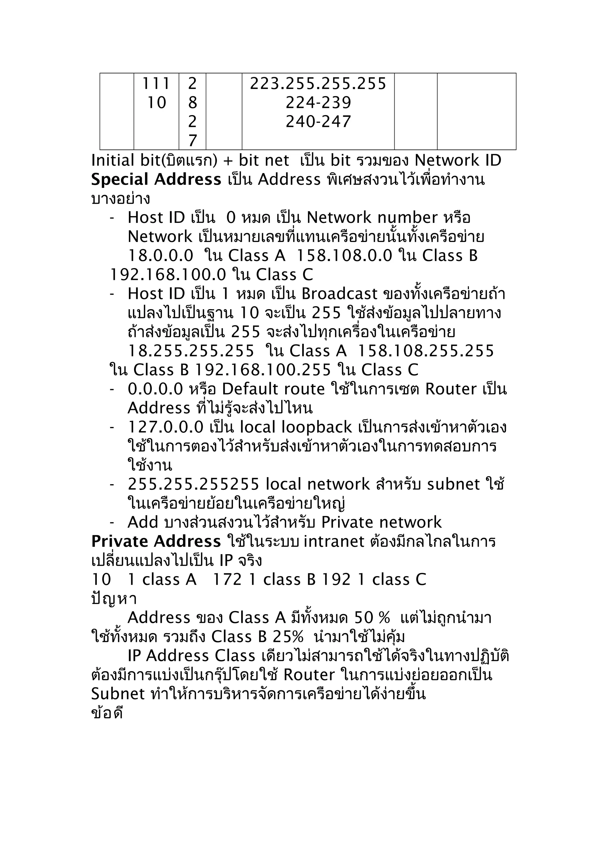 111 2           223.255.255.255
          10 8                 224-239
                 2             240-247
                 7
Initial bit(บิตแรก) + bit net เป็น bit รวมของ Network ID
Special Address เป็น Address พิเศษสงวนไว้เพื่อทำางาน
บางอย่าง
   - Host ID เป็น 0 หมด เป็น Network number หรือ
       Network เป็นหมายเลขที่แทนเครือข่ายนั้นทั้งเครือข่าย
       18.0.0.0 ใน Class A 158.108.0.0 ใน Class B
   192.168.100.0 ใน Class C
   - Host ID เป็น 1 หมด เป็น Broadcast ของทั้งเครือข่ายถ้า
       แปลงไปเป็นฐาน 10 จะเป็น 255 ใช้ส่งข้อมูลไปปลายทาง
       ถ้าส่งข้อมูลเป็น 255 จะส่งไปทุกเครื่องในเครือข่าย
       18.255.255.255 ใน Class A 158.108.255.255
   ใน Class B 192.168.100.255 ใน Class C
   - 0.0.0.0 หรือ Default route ใช้ในการเซต Router เป็น
       Address ที่ไม่รู้จะส่งไปไหน
   - 127.0.0.0 เป็น local loopback เป็นการส่งเข้าหาตัวเอง
       ใช้ในการตองไว้สำาหรับส่งเข้าหาตัวเองในการทดสอบการ
       ใช้งาน
   - 255.255.255255 local network สำาหรับ subnet ใช้
       ในเครือข่ายย้อยในเครือข่ายใหญ่
   - Add บางส่วนสงวนไว้สำาหรับ Private network
Private Address ใช้ในระบบ intranet ต้องมีกลไกลในการ
เปลี่ยนแปลงไปเป็น IP จริง
10 1 class A 172 1 class B 192 1 class C
ปัญ หา
       Address ของ Class A มีทั้งหมด 50 % แต่ไม่ถูกนำามา
ใช้ทั้งหมด รวมถึง Class B 25% นำามาใช้ไม่คุ้ม
       IP Address Class เดียวไม่สามารถใช้ได้จริงในทางปฏิบัติ
ต้องมีการแบ่งเป็นกรุ๊ปโดยใช้ Router ในการแบ่งย่อยออกเป็น
Subnet ทำาให้การบริหารจัดการเครือข่ายได้ง่ายขึ้น
ข้อ ดี
 