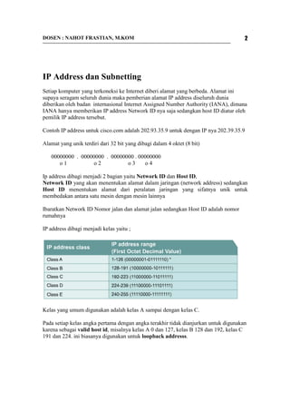 DOSEN : NAHOT FRASTIAN, M.KOM 2 
IP Address dan Subnetting 
Setiap komputer yang terkoneksi ke Internet diberi alamat yang berbeda. Alamat ini 
supaya seragam seluruh dunia maka pemberian alamat IP address diseluruh dunia 
diberikan oleh badan internasional Internet Assigned Number Authority (IANA), dimana 
IANA hanya memberikan IP address Network ID nya saja sedangkan host ID diatur oleh 
pemilik IP address tersebut. 
Contoh IP address untuk cisco.com adalah 202.93.35.9 untuk dengan IP nya 202.39.35.9 
Alamat yang unik terdiri dari 32 bit yang dibagi dalam 4 oktet (8 bit) 
00000000 . 00000000 . 00000000 . 00000000 
o 1 o 2 o 3 o 4 
Ip address dibagi menjadi 2 bagian yaitu Network ID dan Host ID, 
Network ID yang akan menentukan alamat dalam jaringan (network address) sedangkan 
Host ID menentukan alamat dari peralatan jaringan yang sifatnya unik untuk 
membedakan antara satu mesin dengan mesin lainnya 
Ibaratkan Network ID Nomor jalan dan alamat jalan sedangkan Host ID adalah nomor 
rumahnya 
IP address dibagi menjadi kelas yaitu ; 
Kelas yang umum digunakan adalah kelas A sampai dengan kelas C. 
Pada setiap kelas angka pertama dengan angka terakhir tidak dianjurkan untuk digunakan 
karena sebagai valid host id, misalnya kelas A 0 dan 127, kelas B 128 dan 192, kelas C 
191 dan 224. ini biasanya digunakan untuk loopback addresss. 
 