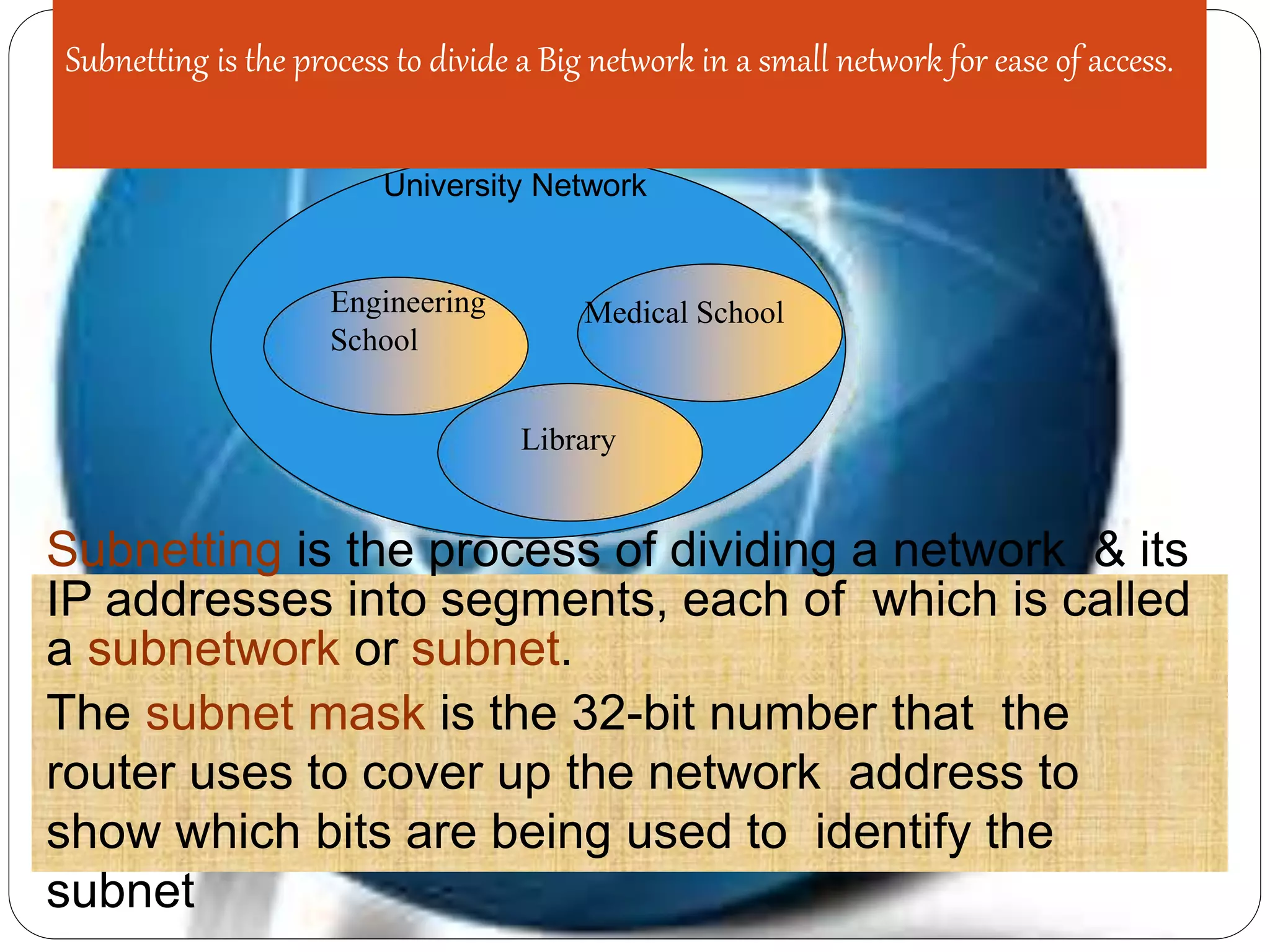 Subnetting is the process to divide a Big network in a small network for ease of access.
University Network
Library
Medical SchoolEngineering
School
Subnetting is the process of dividing a network & its
IP addresses into segments, each of which is called
a subnetwork or subnet.
The subnet mask is the 32-bit number that the
router uses to cover up the network address to
show which bits are being used to identify the
subnet
 