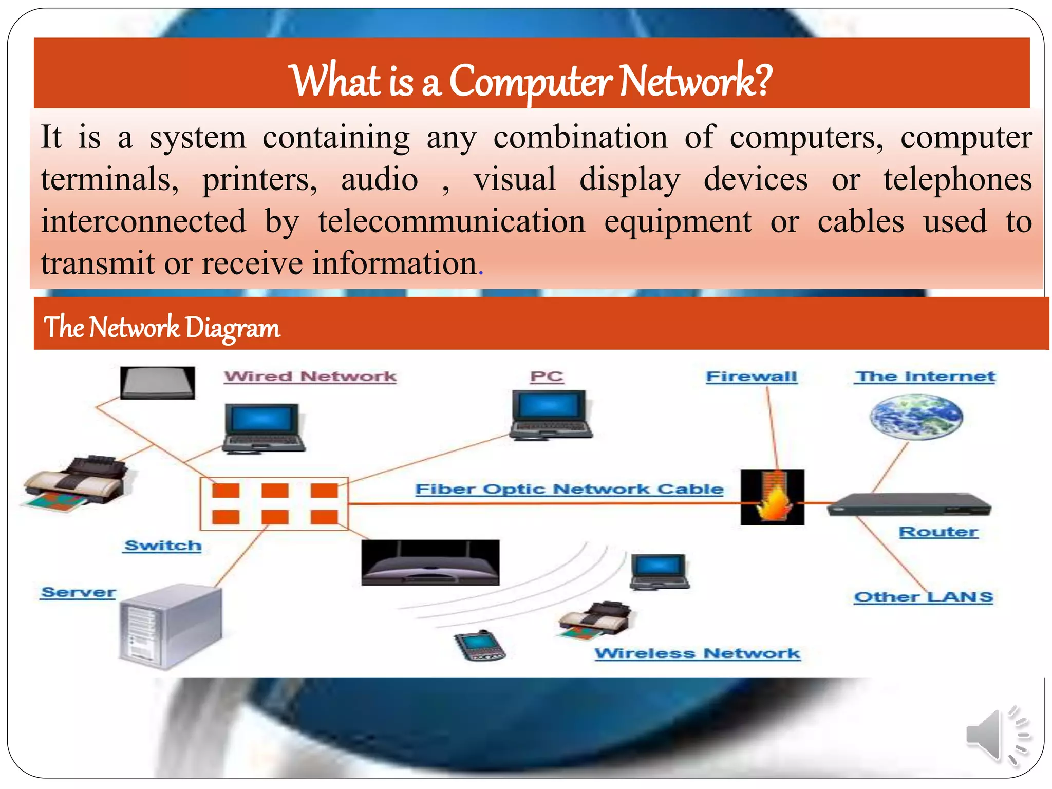 What is a Computer Network?
It is a system containing any combination of computers, computer
terminals, printers, audio , visual display devices or telephones
interconnected by telecommunication equipment or cables used to
transmit or receive information.
The Network Diagram
 