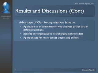 Chulalongkorn 
University 
Ph.D. Seminar, August 5, 2011 
Results and Discussions (Cont) 
• Advantage of Our Anonymization Scheme 
• Applicable to an administrator who analyzes packet data in 
different functions 
• Benefits any organizations in exchanging network data 
• Appropriates for heavy packet tracers and sniffers 
31 Wongyos Keardsri 
 