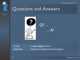 Chulalongkorn 
University 
Ph.D. Seminar, August 5, 2011 
QQuueessttiioonnss aanndd AAnnsswweerrss 
Q? ... 
... A! 
E-mail : wongyos@gmail.com 
Facebook : http://www.facebook.com/wongyos/ 
34 Wongyos Keardsri 
