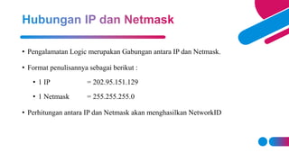 • Pengalamatan Logic merupakan Gabungan antara IP dan Netmask.
• Format penulisannya sebagai berikut :
• 1 IP = 202.95.151.129
• 1 Netmask = 255.255.255.0
• Perhitungan antara IP dan Netmask akan menghasilkan NetworkID
 