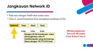 • Pada satu Jaringan NetID akan selalu sama
• Class A, misal Penomoran Host merupakan kombinasi 24 bit
Jangkauan Network ID
Hitung jangkauan
Network ID untuk
Class B dan Class C
 